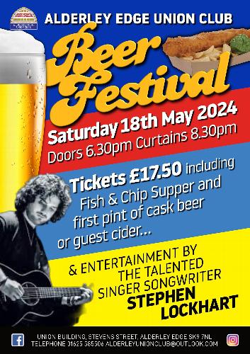 Beer Festival 2024 East Cheshire CAMRA club of the year 2024 hosts the annual one night beer festival 10 guest beers 2 guest ciders one great entertainer.
Wonderful Fish & Chip Supper.
Tickets available in advance only.
Sale period ends 16th May 2024